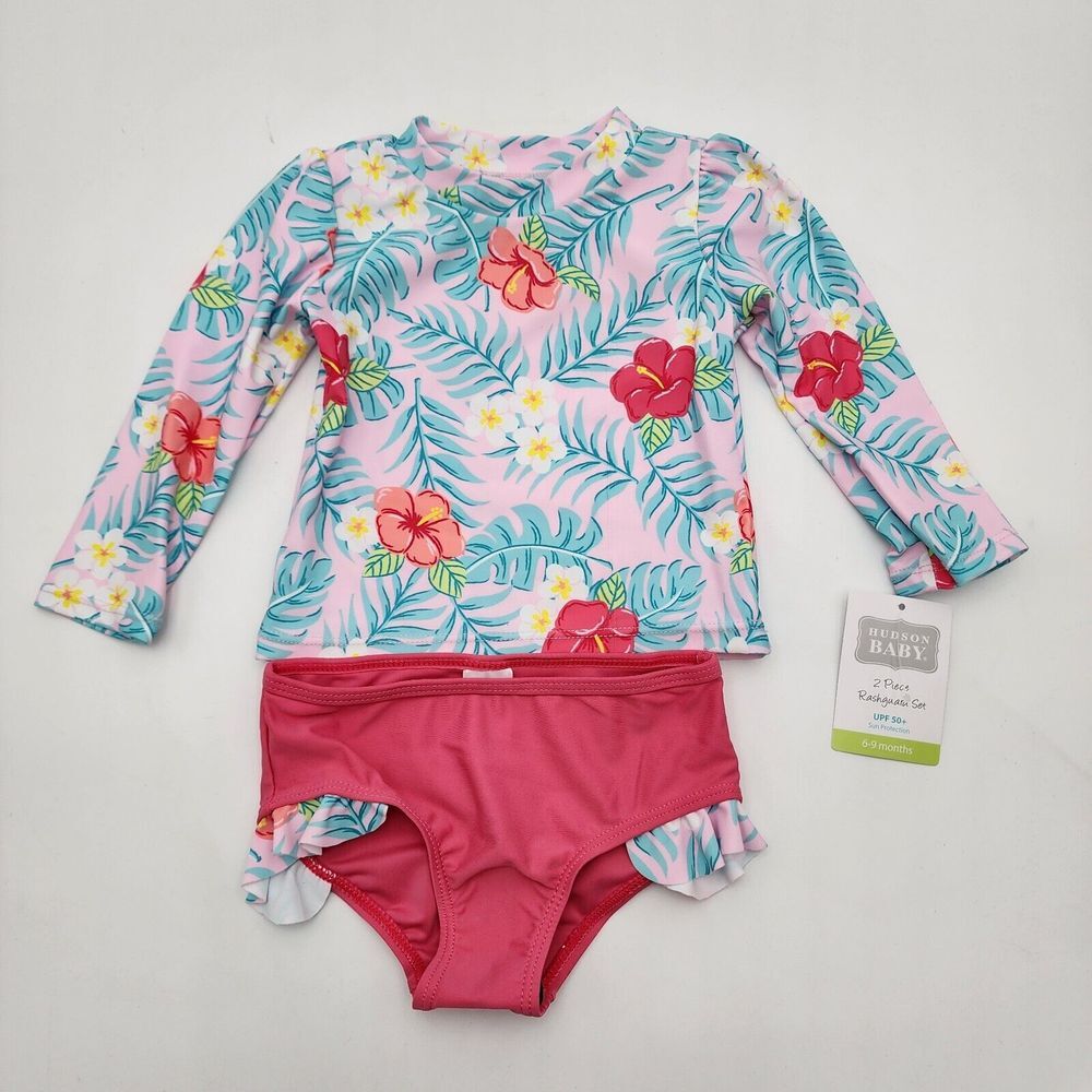 Hudson Baby Girls Swim‎ 2 Piece Rash Guard Set UPF 50+, Floral Size 6-9 M NWT